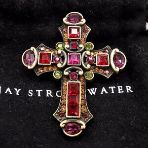 Jay Strongwater Swarovski Crystal Cross Brooch Red Purple Amber Signed